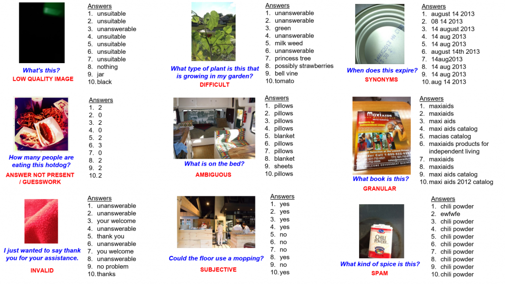 Three rows with nine visual questions and ten answers each, along with the corresponding reason why the ten answers differ.