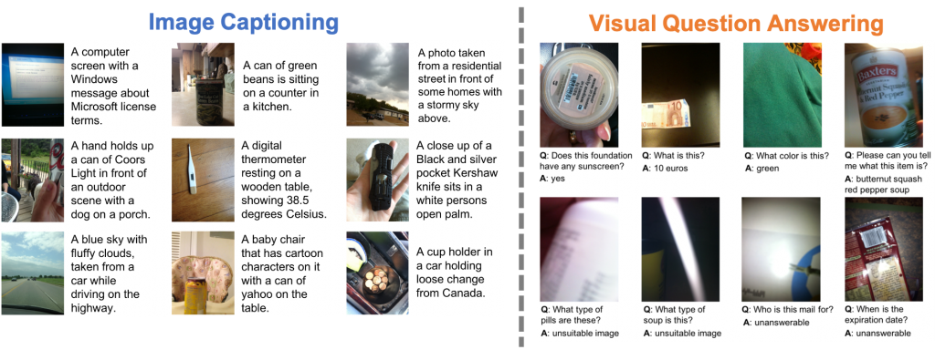 A panel of examples images for two tasks in the challenge: image captioning and visual question answering. On the left are shown nine images paired with captions for image captioning.  The first row contains three images with the following captions: "A computer screen with a Windows message about Microsoft license terms", "A can of green beans is sitting on a counter in a kitchen", "A photo taken from a residential street in front of some homes with a stormy sky above".  The second row contains three images with the following captions: "A hand holds up a can of Coors Light in front of an outdoor scene with a dog on a porch", "A digital thermometer resting on a wooden table, showing 38.5 degrees Celsius", "A close up of a Black and silver pocket Kershaw knife sits in a white persons open palm". The third row contains three images with the following captions:  "A blue sky with fluffy clouds, taken from a car while driving on the highway", "A baby chair that has cartoon characters on it with a can of yahoo on the table", and "A cup holder in a car holding loose change from Canada".

On the right are shown eight images paired with questions and answers for visual question answering. The first row contains four images with the following question and answer pair: 1. Question: Does this foundation have any sunscreen? Answer: yes; 2. Question: what is this? Answer: 10 euros; 3. Question: what color is this? Answer: green; 4. Question: Please can you tell me what this item is? Answer: butternut squash red pepper soup. The second row contains four images with the following question and answer pair: 1. Question: What type of pills are these? Answer: unsuitable image; 2. Question: What type of soup is this? Answer: unsuitable image; 3. Question: who is this mail for? Answer: unanswerable; 4. Question: when is the expiration date? Answer: unanswerable. 
