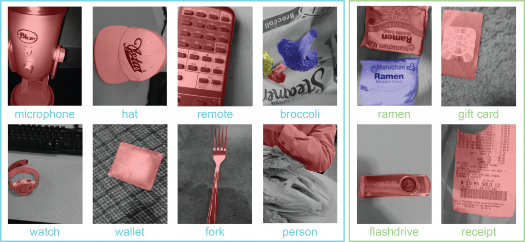 Introductory image for the dataset, displaying categories common with prior work on the left and unique categories on the right.